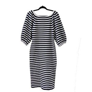 Eliza J Dress M Navy White Striped SS Bodycon Reverse Knit Midi Stretch Nautical